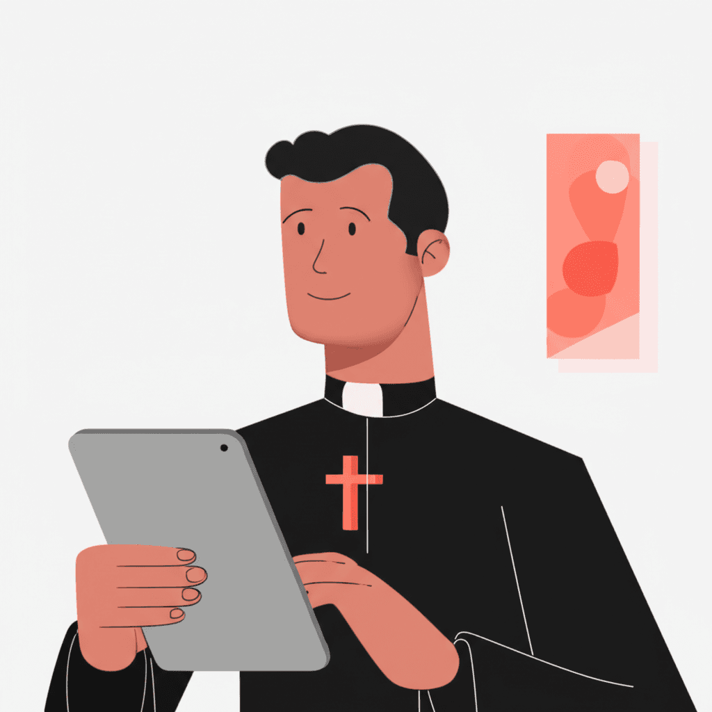 Padre usando tablet para gerenciar eventos e horários da paróquia
